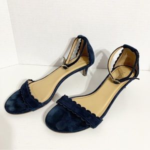 Talbots Suede Leather Open Toe Sandal Scalloped Edges Ankle Satrap Closed Heel